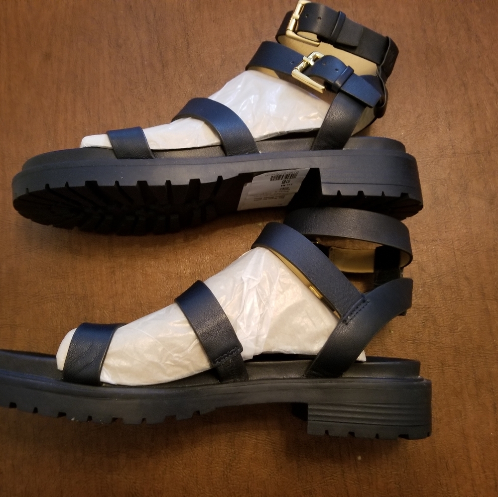 Ralph Lauren Black Leather Triple-Strap Sandals with Gold Buckles NWT - Picture 4 of 6